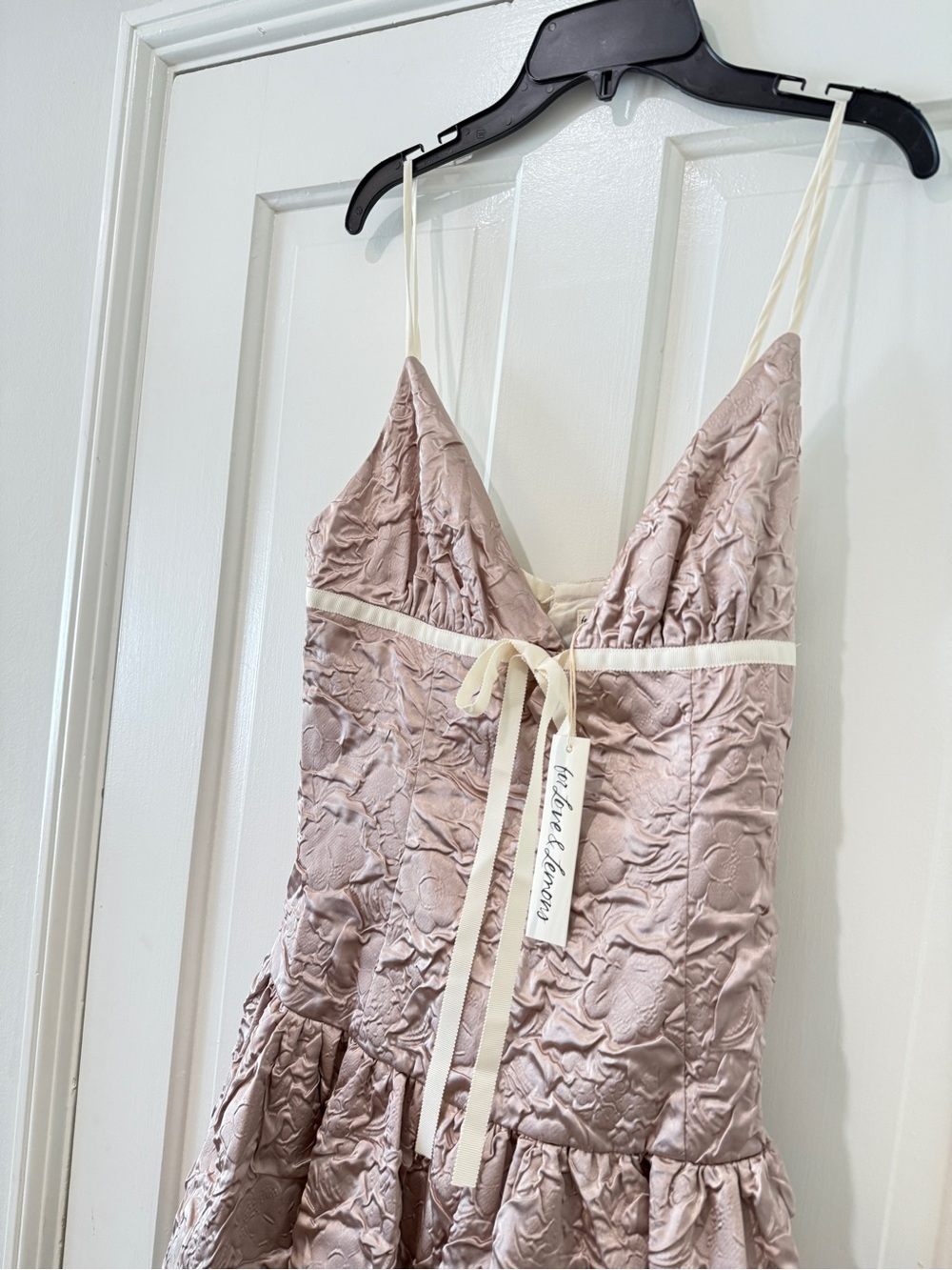 For Love & Lemons flower satin mini dress bubble bow tie bubble hem drop waist - Picture 14 of 14